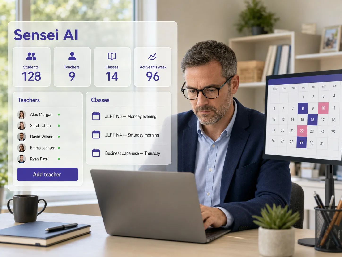 A school administrator reviewing the Sensei AI admin console: students, teachers, classes and activity