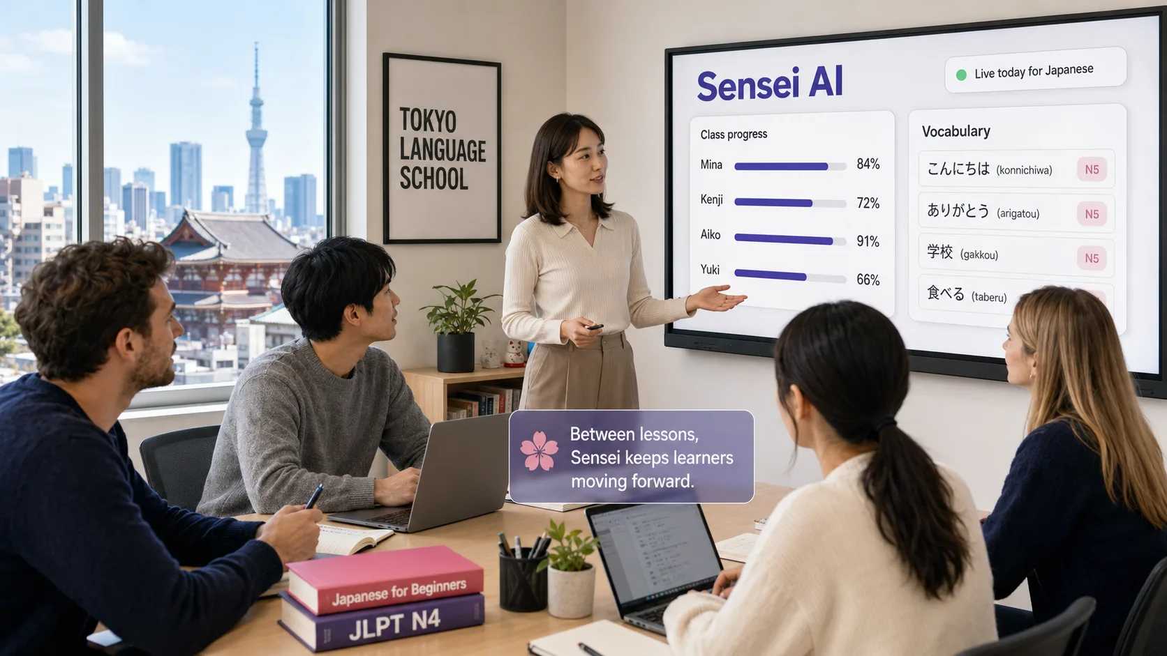 A teacher presenting to a Japanese class, with a Sensei AI board showing live class progress and today's vocabulary