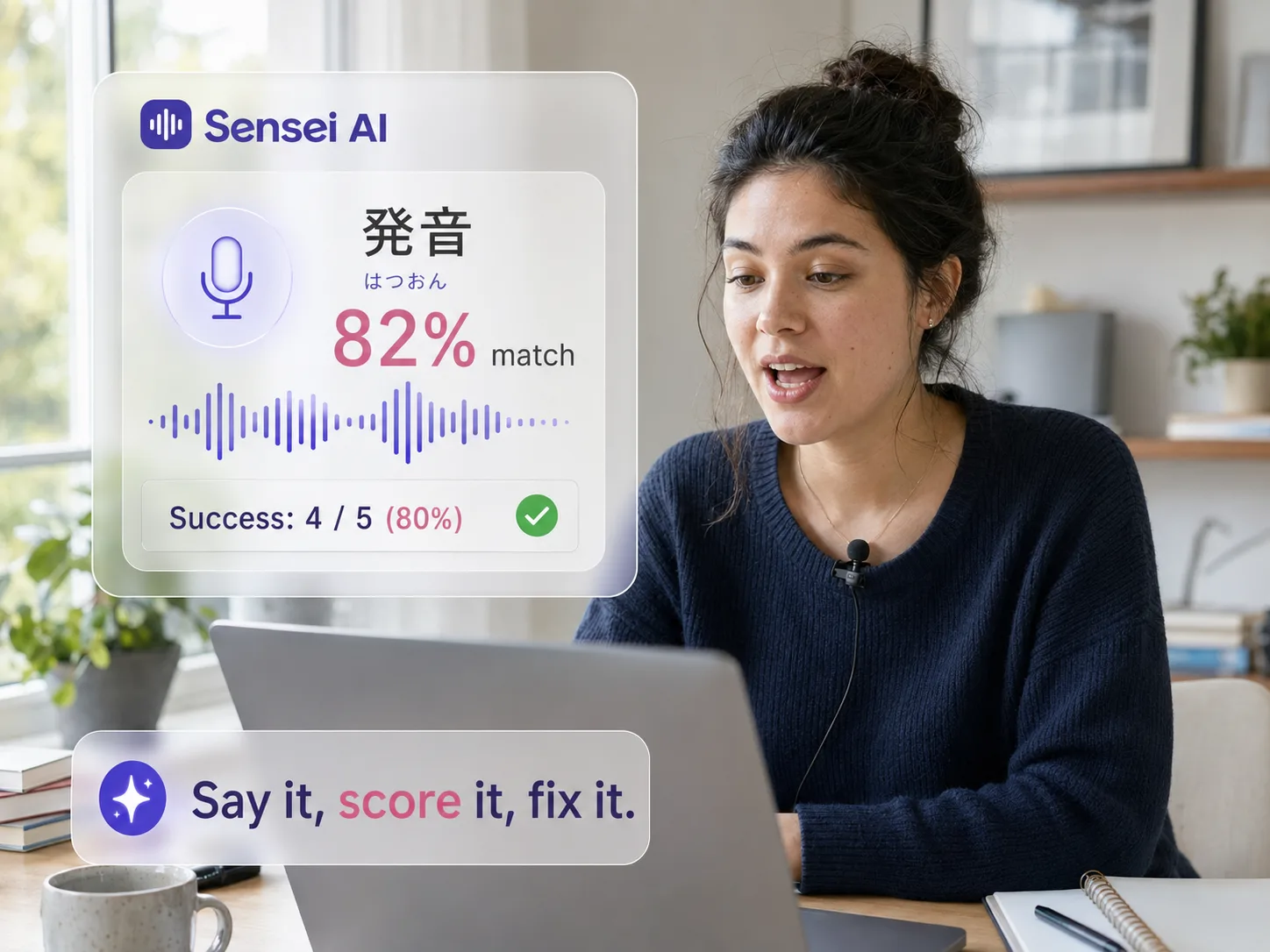 A learner speaking into a microphone while Sensei AI scores their pronunciation of a Japanese word