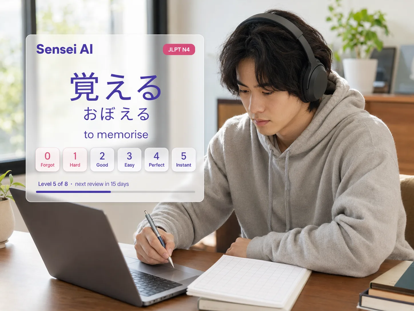 A student with headphones reviewing a Japanese flashcard in Sensei AI and rating it on the zero to five scale