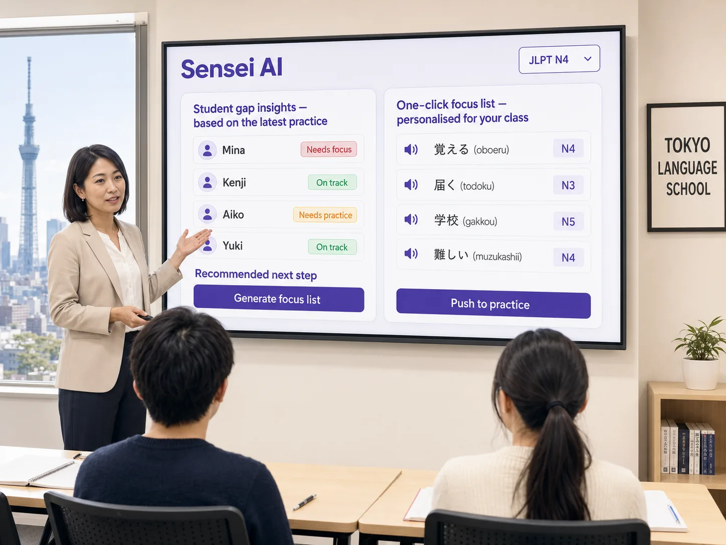 A teacher reviewing a student's gap insights and one-click focus list in the Sensei AI teacher console